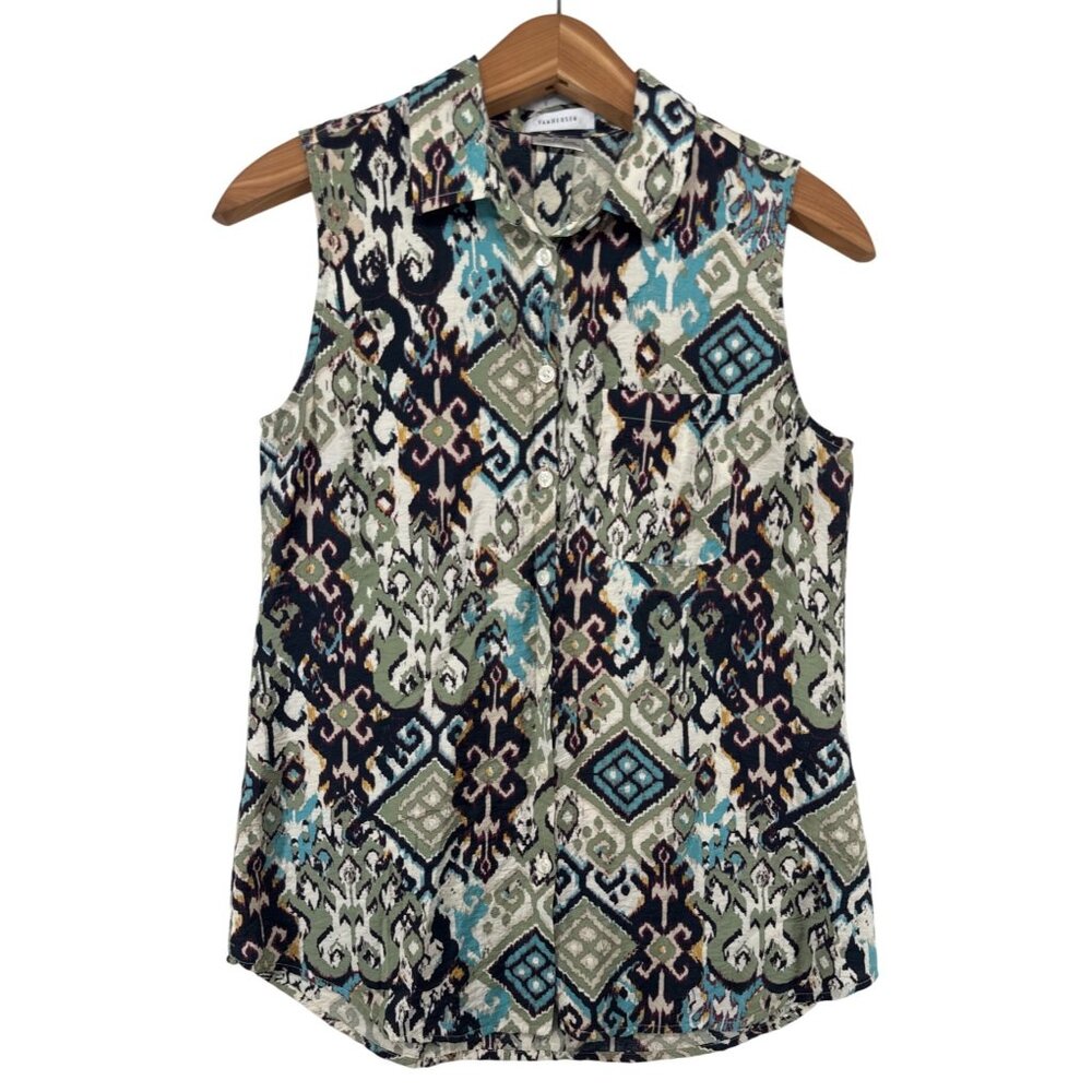 Van Heusen Womens Top Sz S Green/Brown Ikat Sleeveless Tank Boho Lightwt Artsy